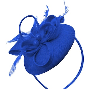 Round Royal Blue Pillbox Bow Sinamay Headband Fascinator Weddings Ascot Hatinator Races