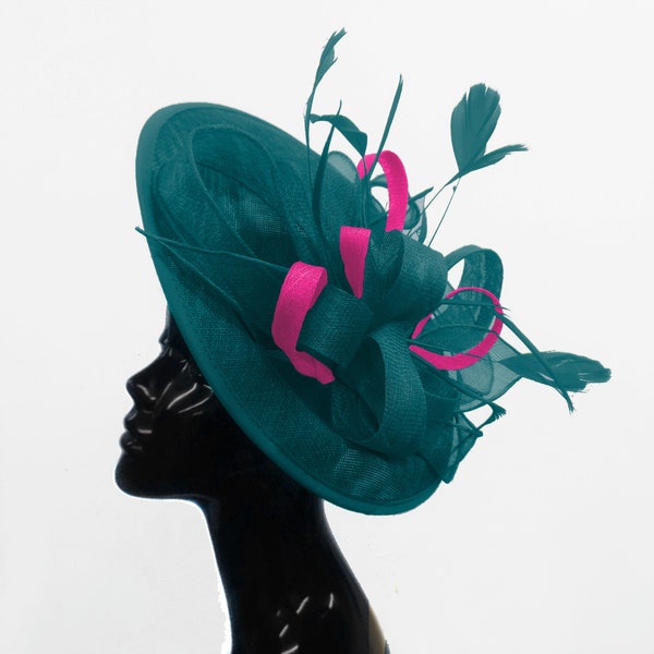 Caprilite Big Saucer Sinamay Teal Turquoise & Fuchsia Hot Pink Mixed Colour Fascinator On Headband Wedding Derby Ascot Races Ladies Hat