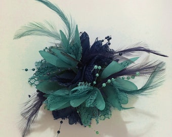 Caprilite Navy Blue and Teal Turquoise Fascinator Headband on Clip Corsage Flower