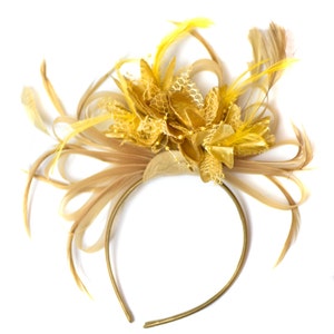 Caprilite Champagne Gold Beige Camel and Yellow Gold Fascinator on Headband Alice Band UK Wedding Ascot Races Derby