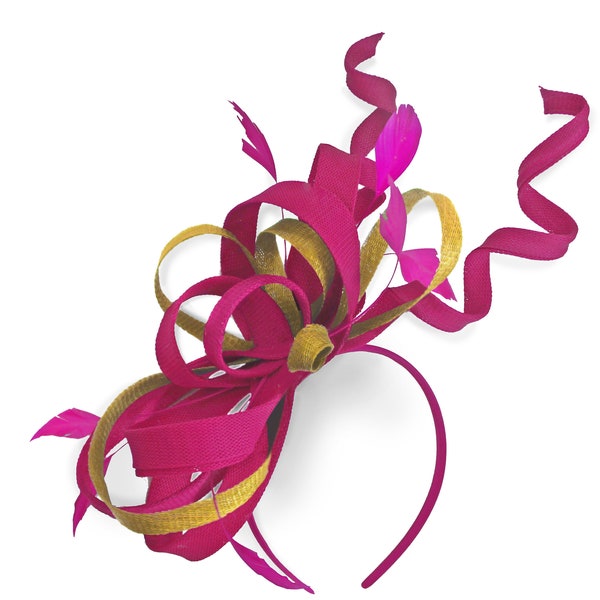 Caprilite Fuchsia Hot Pink and Gold Mustard Wedding Swirl Fascinator Headband  Alice Band Ascot Races Loop Net
