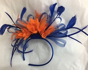 Caprilite Electric Blue Hoop and Orange Feathers Fascinator on Headband