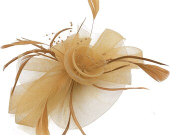 Gold Beige Brown Butterfly Black Feather Wedding Ascot Fascinator on Comb Hat Hair Accessories