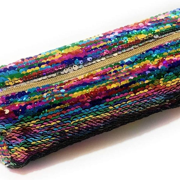 Large Colourful Rainbow Silver Reversible Sequin Pencil Case School College Uni Make Up Bag Pouch for Girls