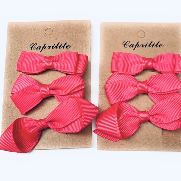 6 (3 Pairs) Fuchsia Pink Girls Kids Small Hair Bow Clips Slides Grips - School Uniform Colours Grosgrain Ribbon