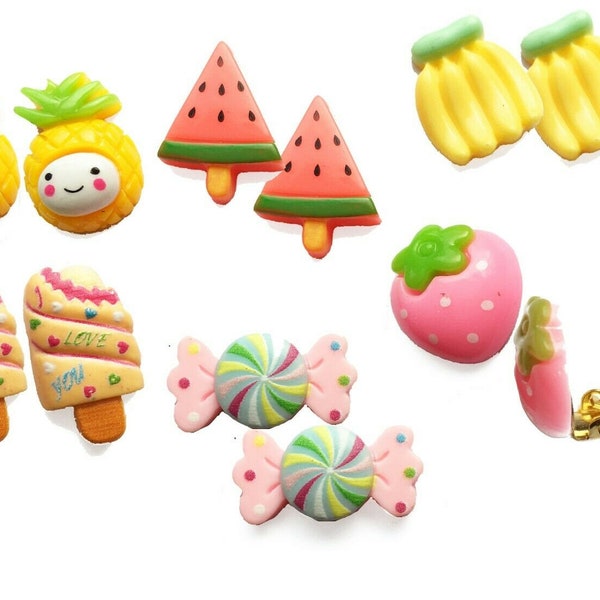 6 Pairs Handmade Girls CLIP ON Earrings Set in Gift Box - Cute Fruits Strawberry Pineapple Ice-cream Banana Candy Watermelon