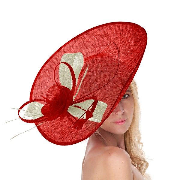 Caprilite 41cm Saucer Sinamay Red Cream Fascinator On Headband Wedding Derby Ascot Races Ladies Hat Large
