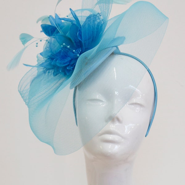 Big Light Turquoise and Aqua Blue Fascinator Hat Veil Net Hair Clip Ascot Derby Races Wedding Headband Feather Flower