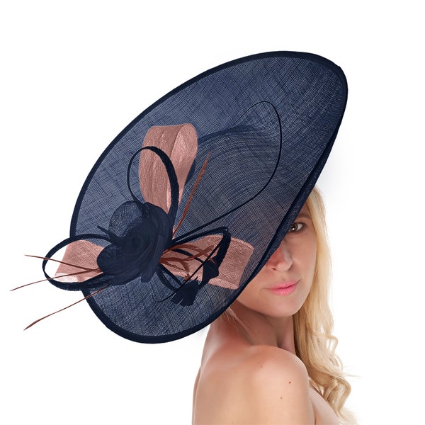 Caprilite 41cm Mix Saucer Sinamay Navy Dark Blue Dusty Pink Fascinator On Headband Wedding Derby Ascot Races Ladies Hat Large