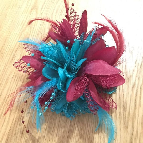 Caprilite Burgundy Wine red and Turquoise Teal Fascinator Black Headband Clip Comb Flower Corsage