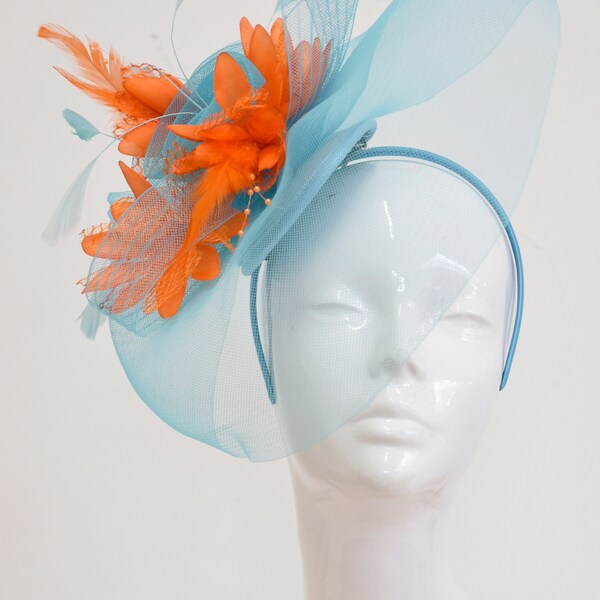 Big Light Turquoise Blue and Orange Fascinator Hat Veil Net Hair Clip Ascot Derby Races Wedding Headband Feather Flower