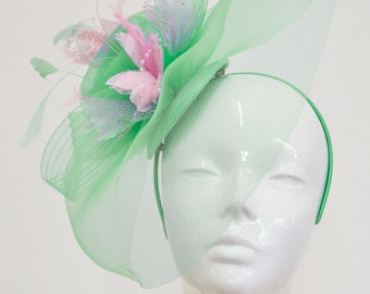 Caprilite Big Mint Green and Baby Pink Fascinator Hat Veil Net Ascot Derby Races Wedding Headband Feather