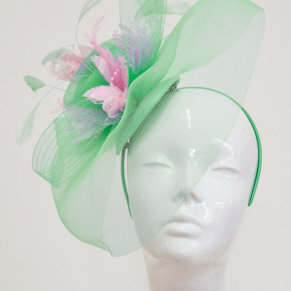 Caprilite Big Mint Green and Baby Pink Fascinator Hat Veil Net Ascot Derby Races Wedding Headband Feather