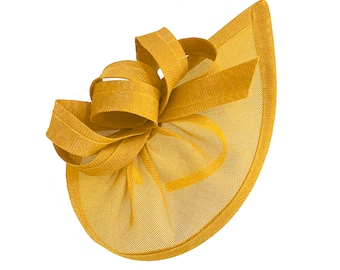 Caprilite Vegan Moon Hoop Fascinator Hat on Headband Wedding Ascot Races Bespoke Sinamay Disc - Mustard Yellow