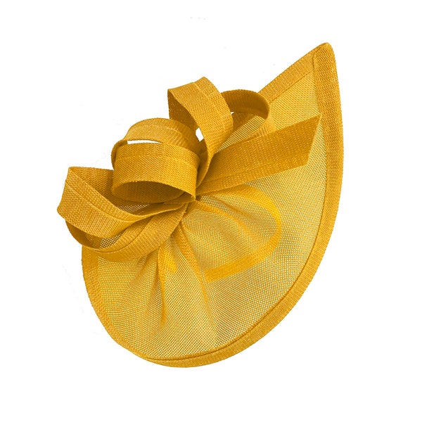 Caprilite Vegan Moon Hoop Fascinator Hat sur bandeau Mariage Ascot Races Bespoke Sinamay Disc - Moutarde Jaune