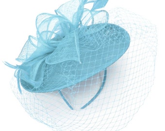 Caprilite Medium Saucer Sinamay Light Blue Birdcage Veil Fascinator On Headband Wedding Derby Ascot Races Ladies Hat