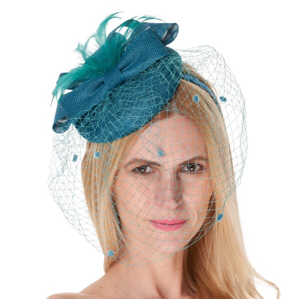 Birdcage Veil Teal Turquoise Pillbox Bow Sinamay Headband Fascinator Weddings Ascot Hatinator Races