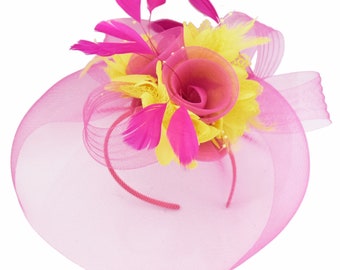Caprilite Fuchsia Hot Pink and Yellow Fascinator Hat Veil Net Hair Clip Ascot Derby Races Wedding Headband Feather Flower
