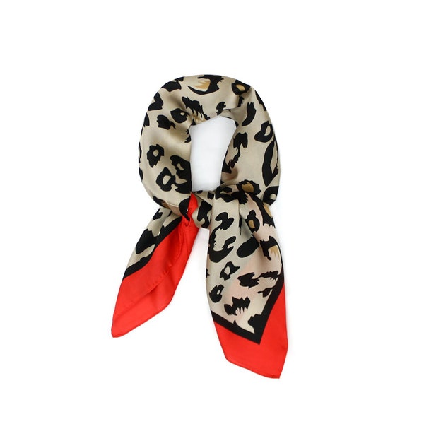 70cm x 70cm Red Border Leopard Animal Print Pattern Square Scarf Big Ladies Womens Faux Silk Head Neck Thin Bag Charm