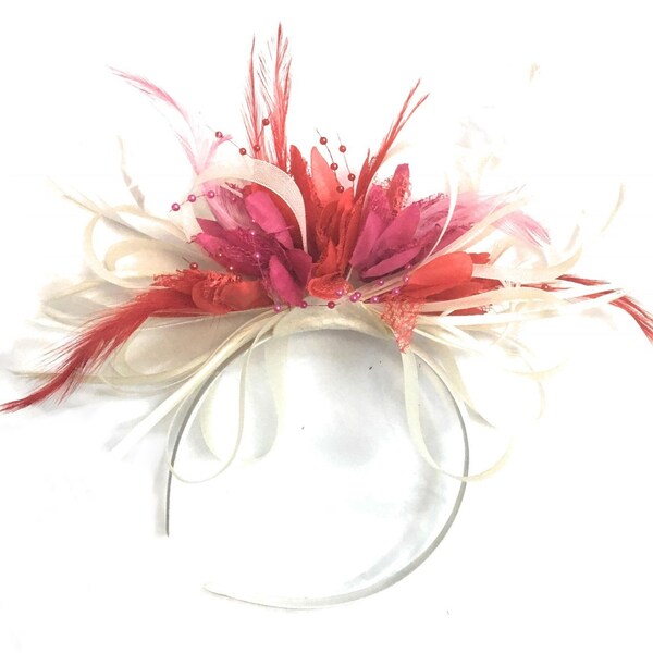 Caprilite Cream Scarlet Red and Fuchsia Pink Hoop Feathers Fascinator On Headband for Weddings and Ascot Races