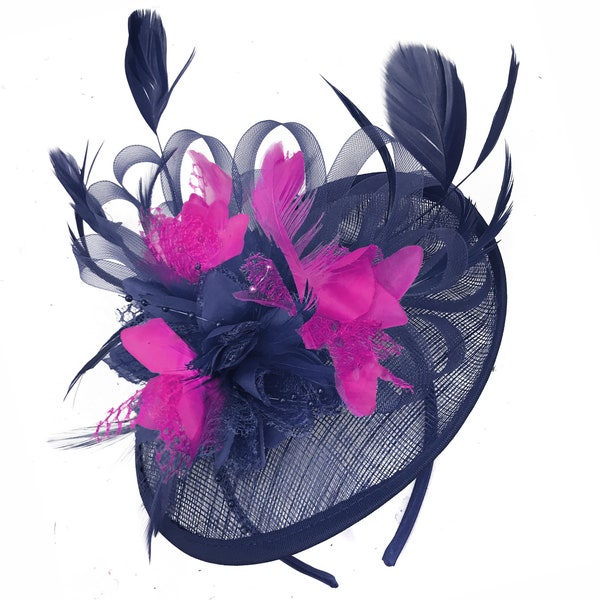 Caprilite Sinamay Navy Blue and Fuchsia Hot Pink Disc Saucer Fascinator Hat for Women Weddings Headband