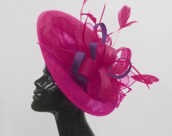 Caprilite Big Saucer Sinamay Fuchsia Hot Pink & Dark Purple Mixed Colour Fascinator On Headband Wedding Derby Ascot Races Ladies