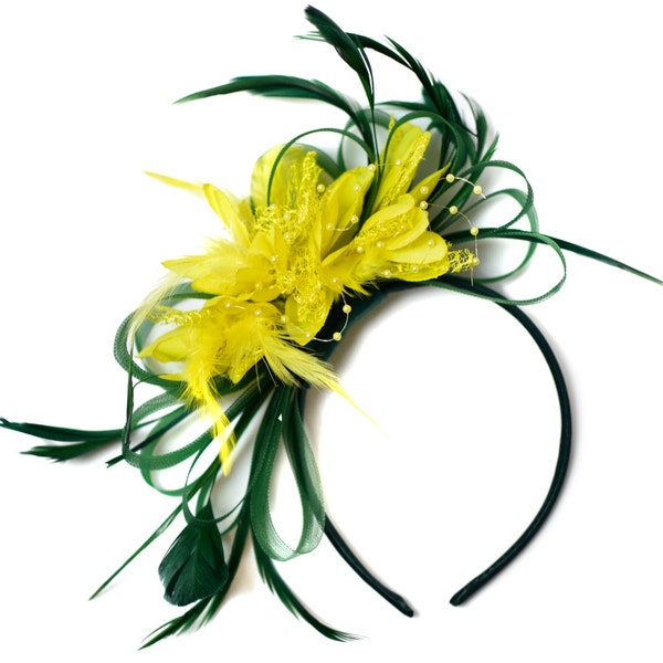 Emerald Green and Yellow Fascinator on Headband Alice Band UK Wedding Ascot Races Derby