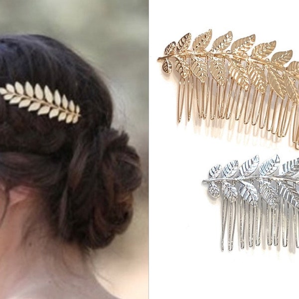 Beautiful Bridal Wedding Party Roman Leaf Hair Comb Slides - Gold or Silver