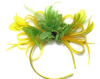 Caprilite Bright Yellow & Lime Green Feathers Fascinator on Headband