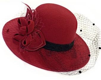 Burgundy Large Brim Felt Fedora Formal Hat Wool Mix Occasion Birdcage Veil Netting Hatinator Fascinator