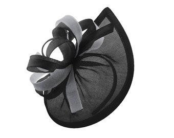 Caprilite Vegan MoonMix Hoop Fascinator Hat on Headband Wedding Ascot Races Bespoke Sinamay Disc - Black Silver