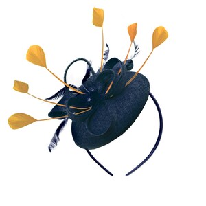 Round Navy and Mustard Pillbox Bow Sinamay Headband Fascinator Weddings Ascot Hatinator Races