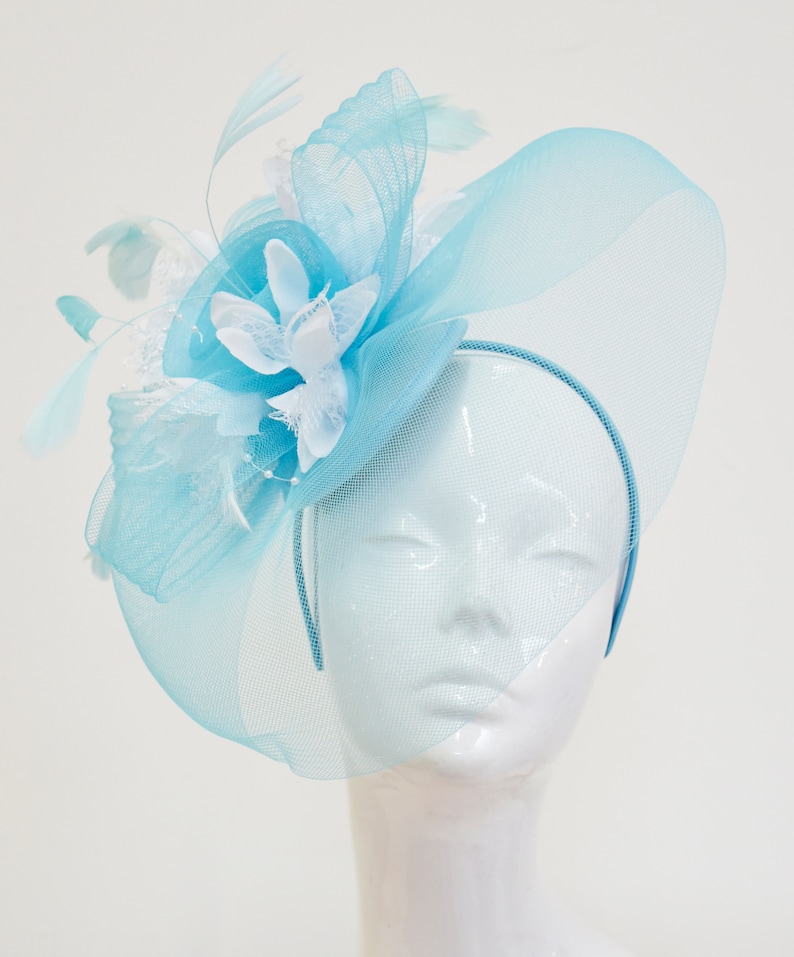 Caprilite Big Light Turquoise Blue and White Fascinator Hat - Etsy