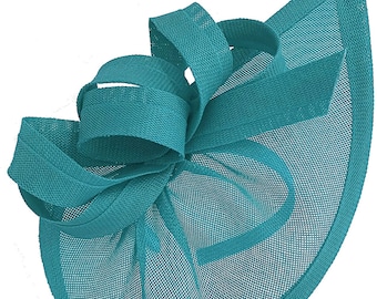 Caprilite Vegan Moon Hoop Fascinator Hat on Headband Wedding Ascot Races Bespoke Sinamay Disc - Teal Turchese