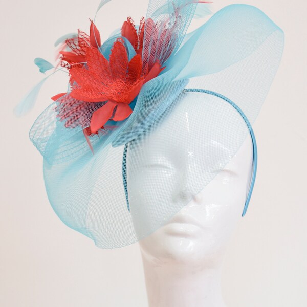 Big Light Turquoise Blue and Coral Pink Fascinator Hat Veil Net Hair Clip Ascot Derby Races Wedding Headband Feather Flower