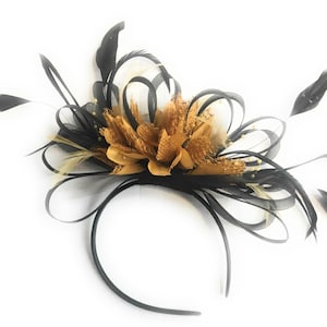 Caprilite Black and Mustard Yellow Fascinator on Headband Alice Band UK Wedding Ascot Races Derby