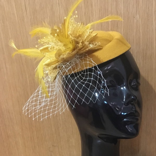 Caprilite Mustard Yellow and Gold Fascinator Hat Pill Box Flower White Veil Hatinator UK Wedding Ascot Races Clip Felt