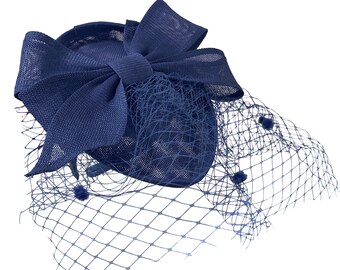 Teardrop Pointed Pillbase Large Bow Fascinator with Birdcage Veil on Headband - Navy Blue