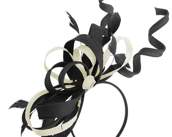 Caprilite negro y crema boda remolino tocado diadema Alice Band Ascot Races Loop Net