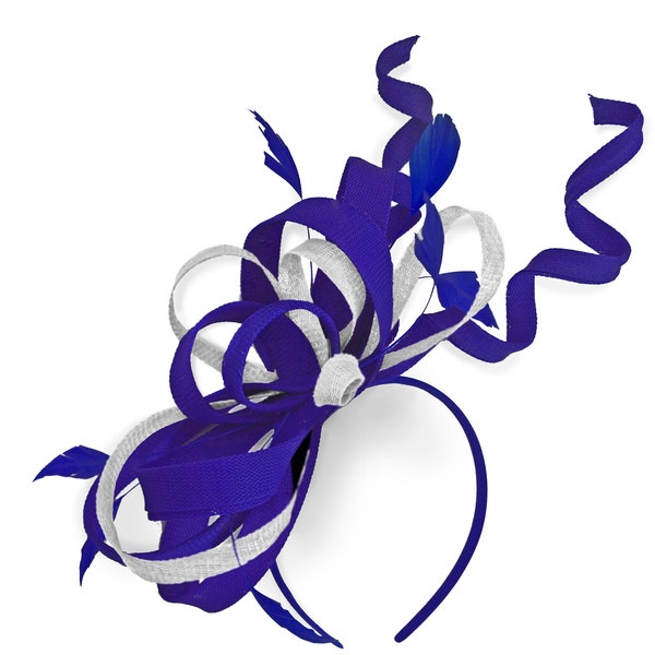 Caprilite Royal Blue and White Wedding Swirl Fascinator Headband  Alice Band Ascot Races Loop Net