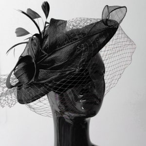 Caprilite Big Saucer Sinamay Black Birdcage Veil Fascinator On Headband Wedding Derby Ascot Races Ladies Hat