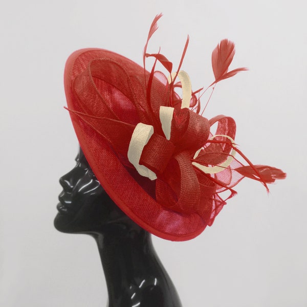 Caprilite Big Saucer Sinamay Red & Cream Ivory Mixed Colour Fascinator On Headband Wedding Derby Ascot Races Ladies Hat