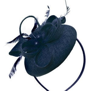 Round Navy Blue Pillbox Bow Sinamay Headband Fascinator Weddings Ascot Hatinator Races