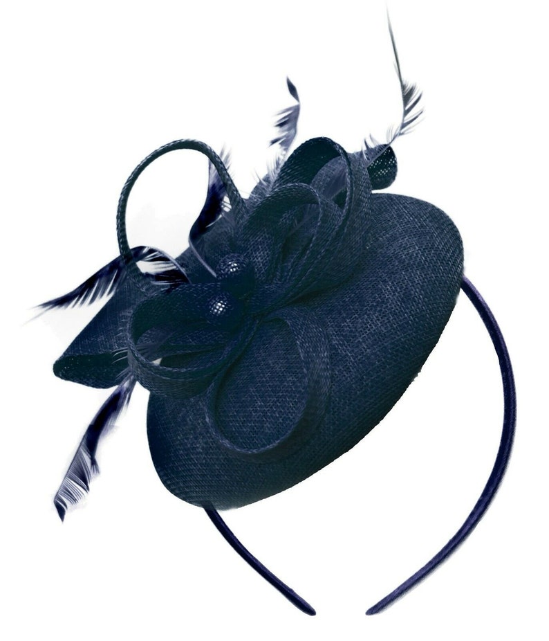 Rund Navy Blau Pillbox Schleife Sinamay Stirnband Fascinator Hochzeiten Ascot Hatinator Rennen Bild 1