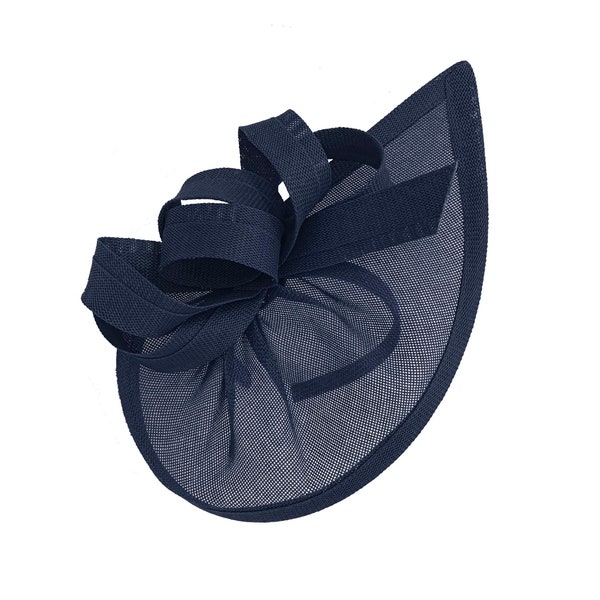 Caprilite Vegan Moon Hoop Fascinator Hat on Headband Wedding Ascot Races Bespoke Sinamay Disc - Bleu marine
