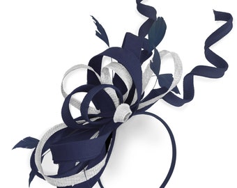 Caprilite Navy and White Wedding Swirl Fascinator Headband  Alice Band Ascot Races Loop Net