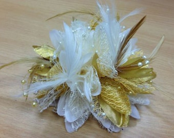 Caprilite Cream and Gold Fascinator Black Headband Clip Comb Flower Corsage