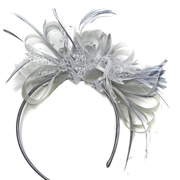 Caprilite Grey Silver Fascinator on Headband AliceBand UK Wedding Ascot Races Loop