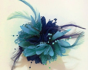 Caprilite Navy Blue and Aqua Blue Fascinator Headband on Clip Corsage Flower