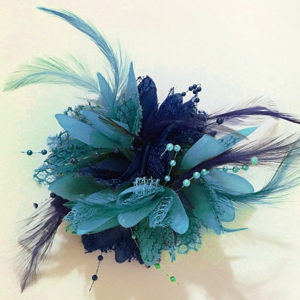 Caprilite Navy Blue and Aqua Blue Fascinator Headband on Clip Corsage Flower